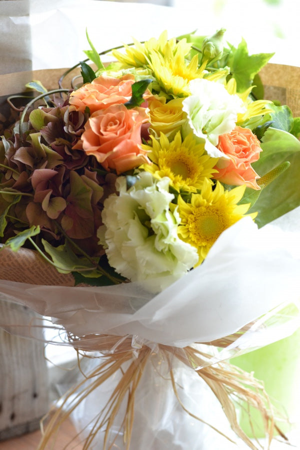 ひまわり紫陽花 花束 オレンジミックス